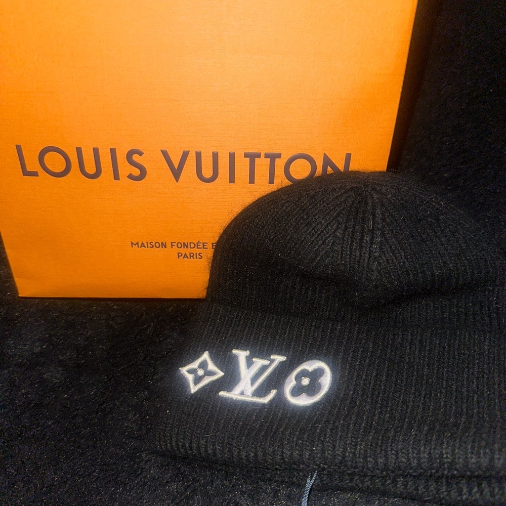 Louis Vuitton Black Knit Hat with White Logo